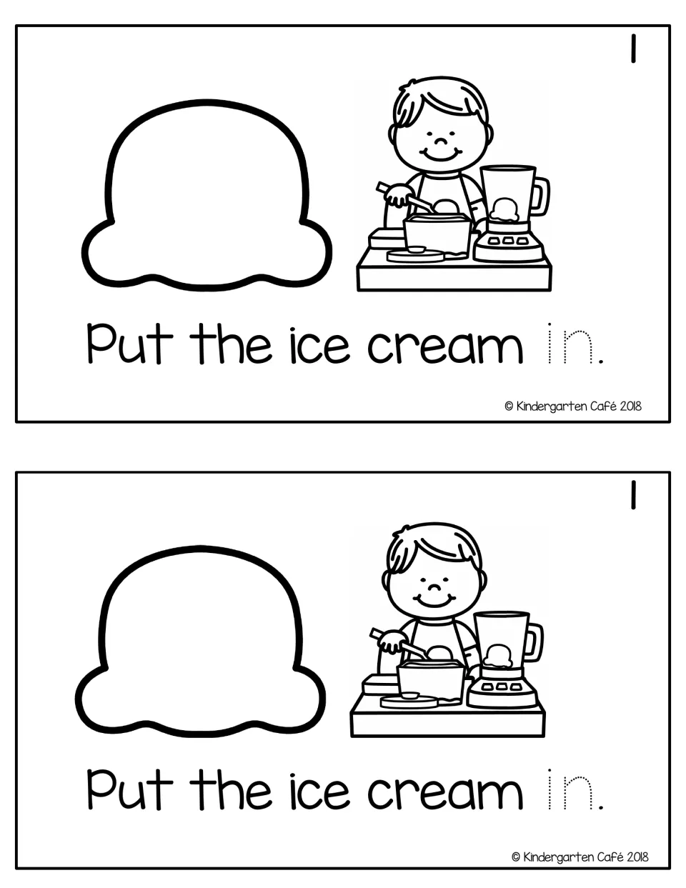 Reader page 1, printed twice: "Put the ice cream in." with traceable "in" and a child adding ice cream