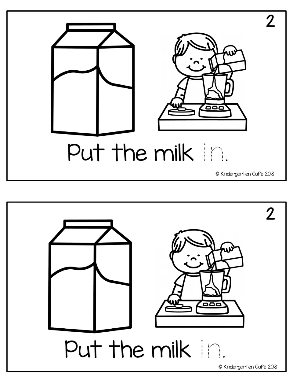 Reader page 2, printed twice: "Put the milk in." with traceable "in" and a child pouring milk into a blender