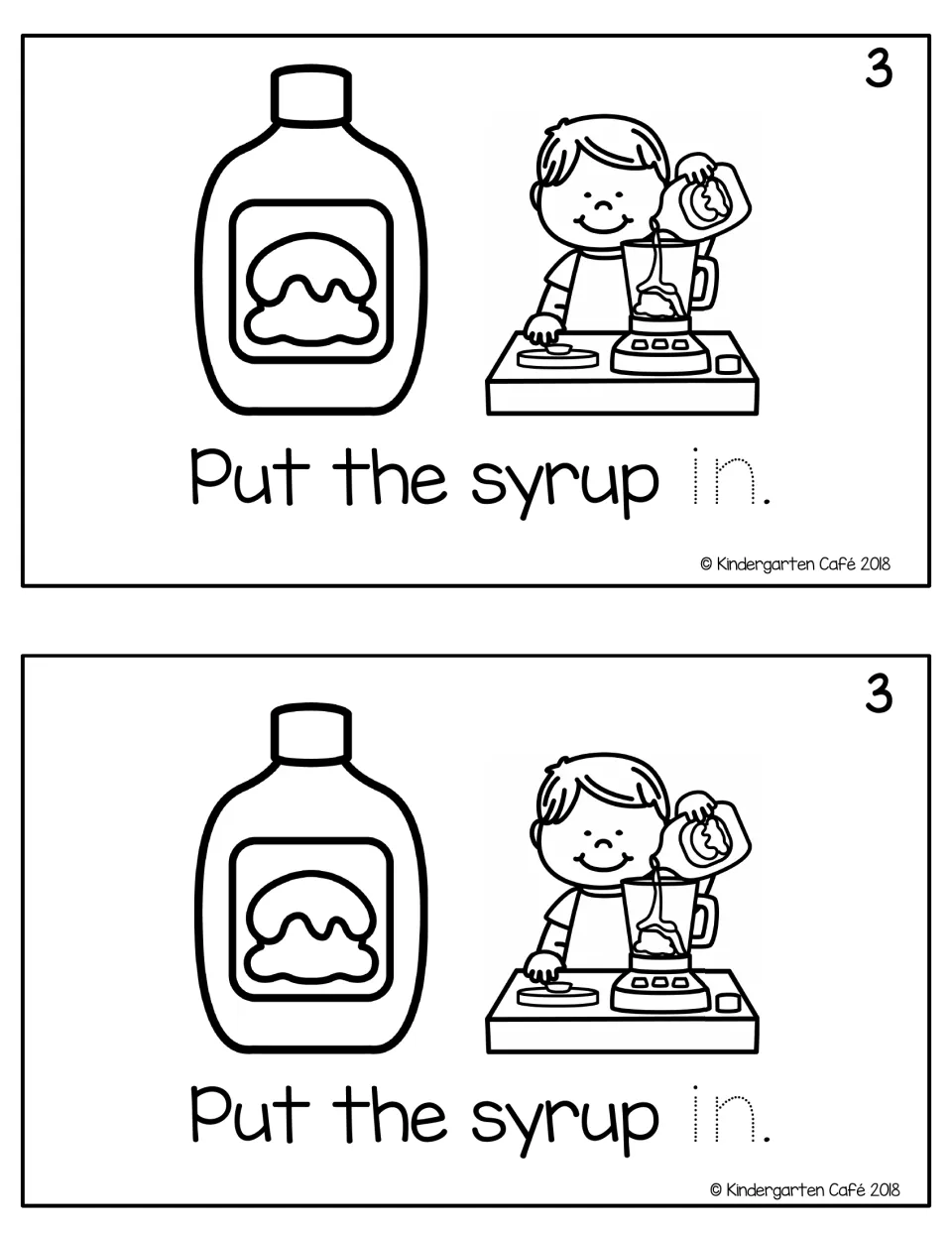 Reader page 3, printed twice: "Put the syrup in." with traceable "in" and a child adding syrup to a blender