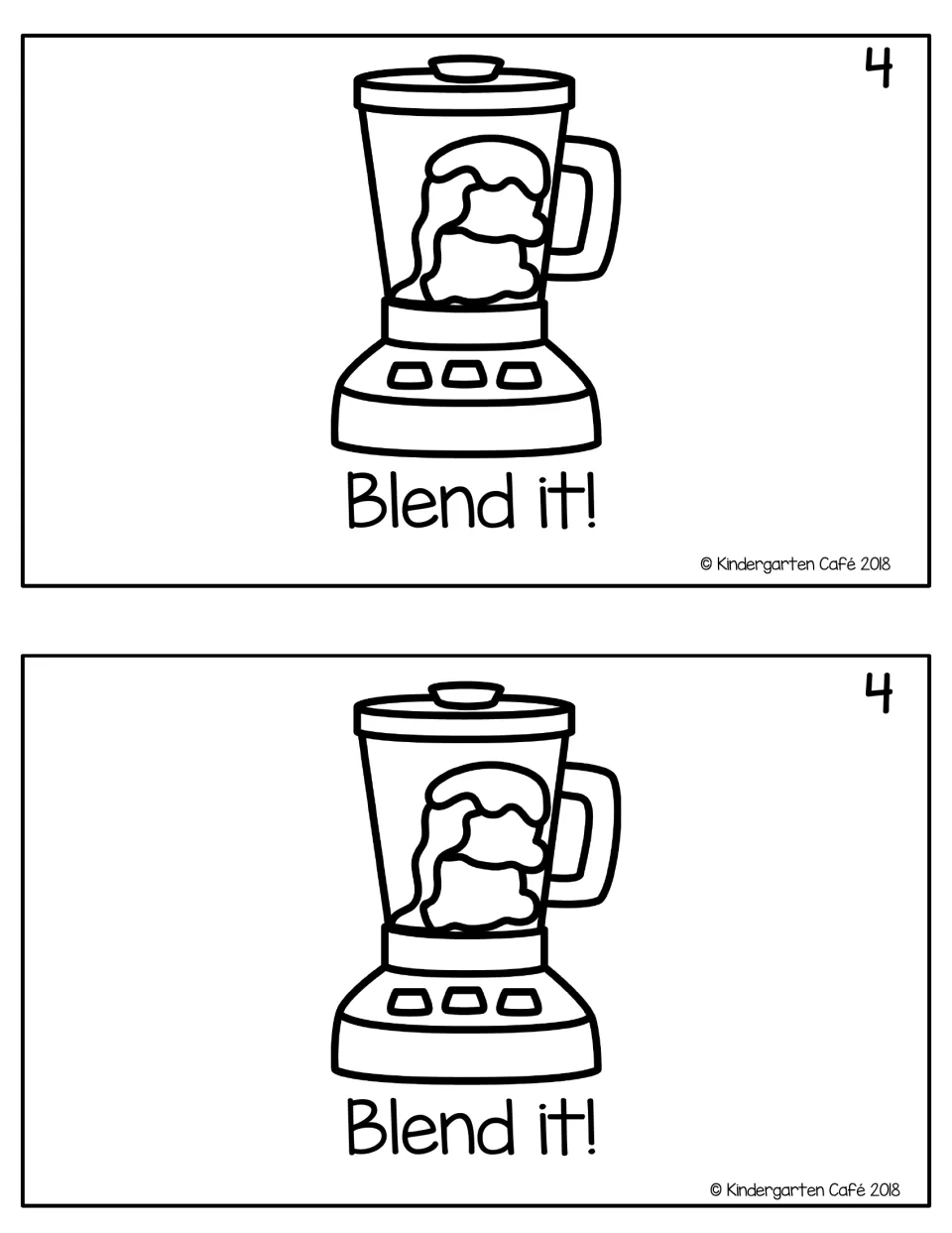 Reader page 4, printed twice: "Blend it!" beneath an illustration of a covered blender containing ingredients