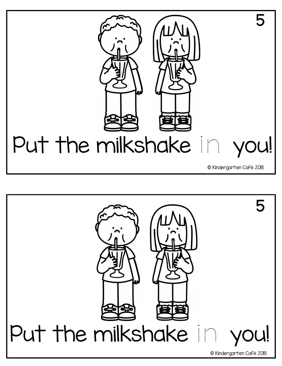 Reader page 5, printed twice: "Put the milkshake in you!" with traceable "in" and two children drinking milkshakes