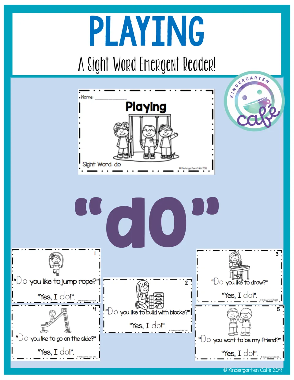 Playing, a sight word emergent reader for "do": cover previews the booklet cover and its five question-and-answer pages