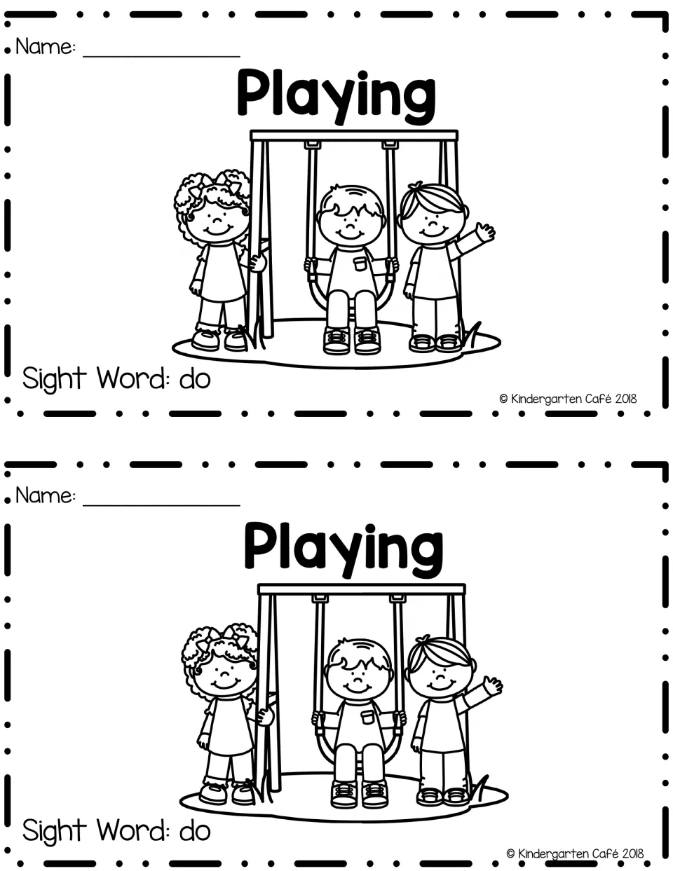 Booklet cover titled Playing, sight word do: students write their name above three children at a playground swing set