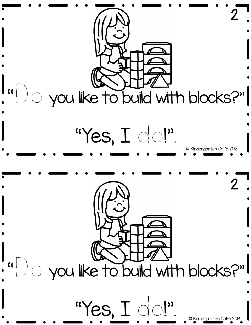 Sight word do, page 2: Do you like to build with blocks? Yes, I do! Students trace do twice as a girl stacks blocks