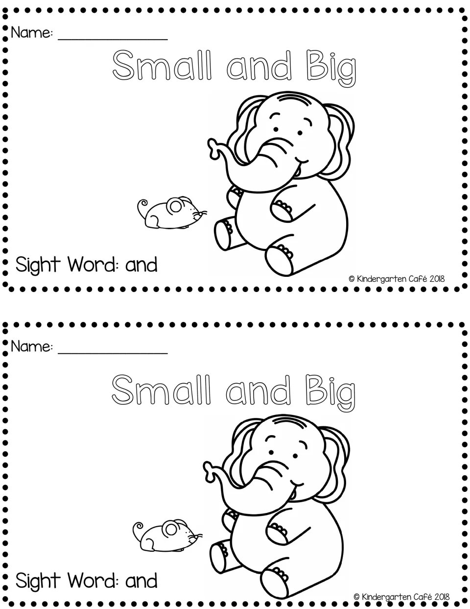 Two copies of the Small and Big booklet cover show a mouse, an elephant, and the label "Sight Word: and"