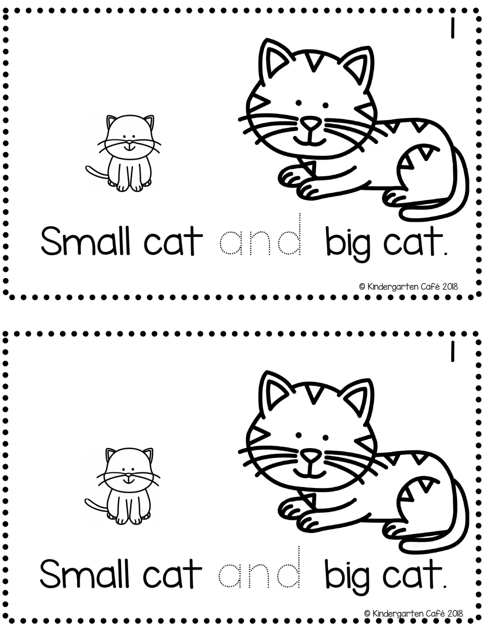 Reader page 1, printed twice: "Small cat and big cat." with two cat pictures and dotted "and" to trace