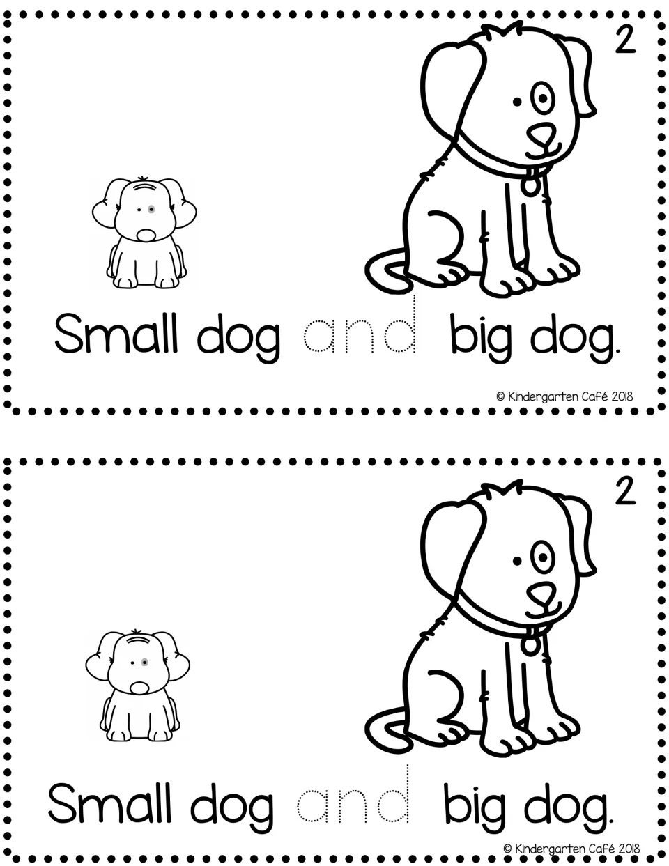 Reader page 2, printed twice: "Small dog and big dog." with two dog pictures and dotted "and" to trace