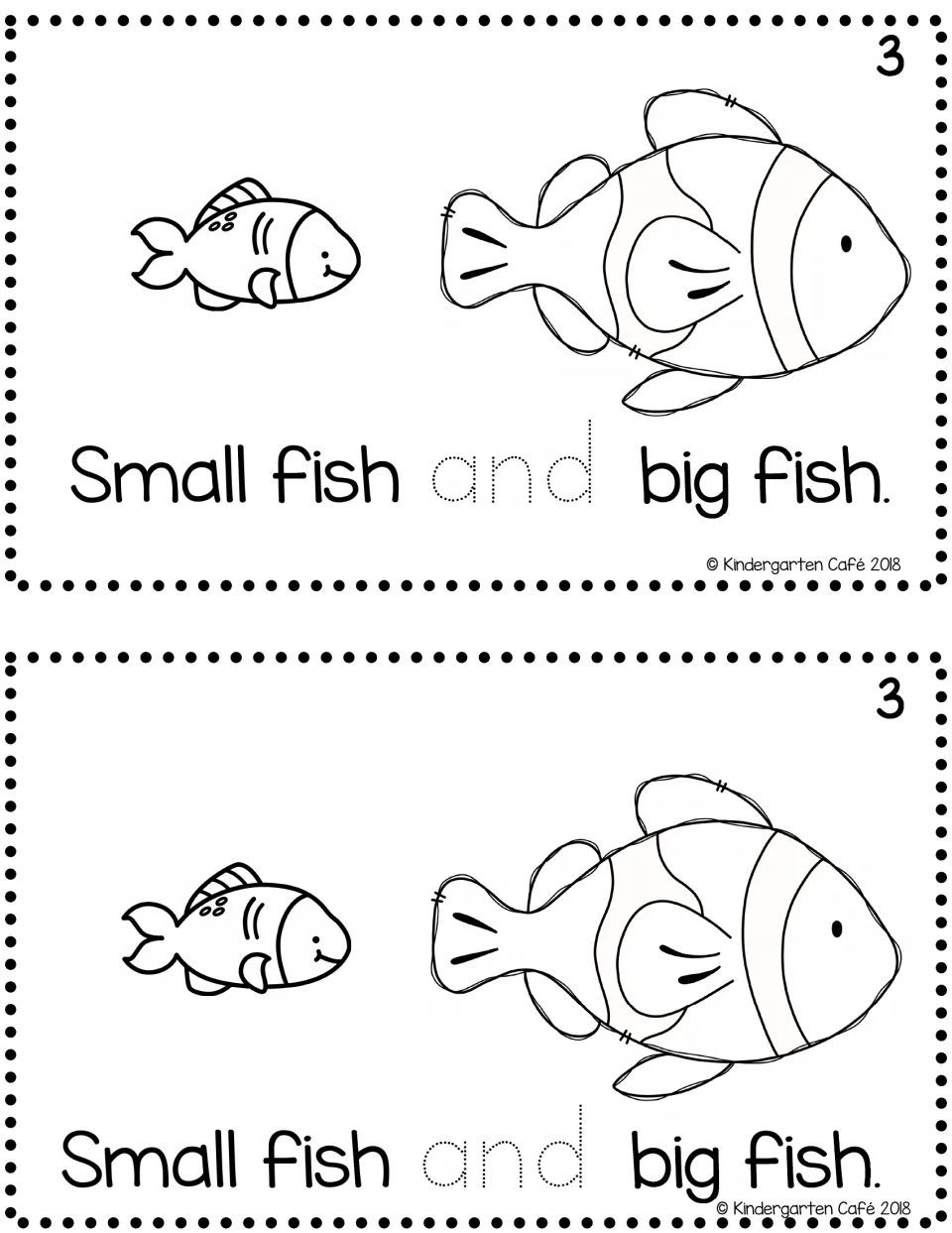 Reader page 3, printed twice: "Small fish and big fish." with two fish pictures and dotted "and" to trace