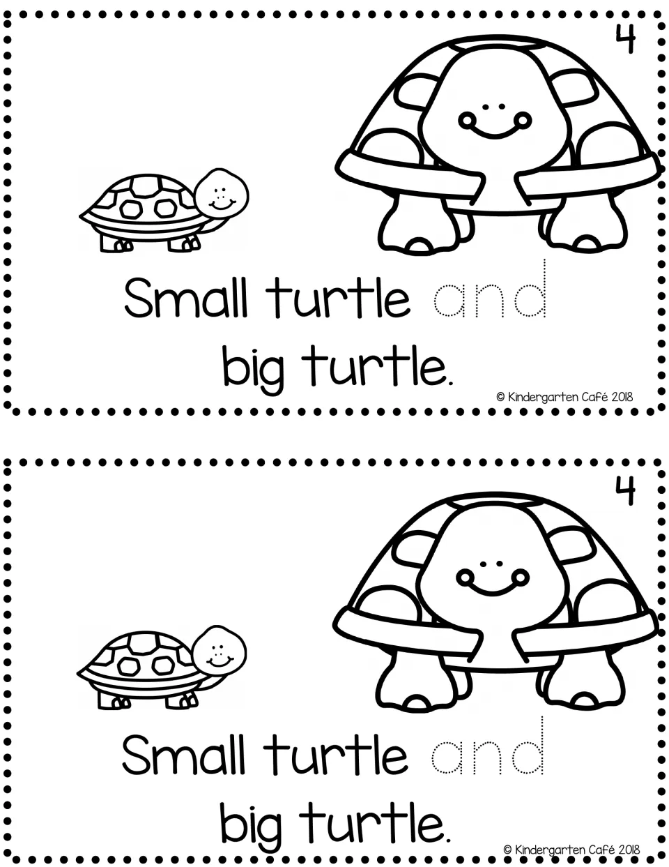 Reader page 4, printed twice: "Small turtle and big turtle." with turtle pictures and dotted "and" to trace