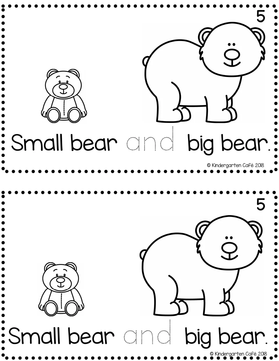 Reader page 5, printed twice: "Small bear and big bear." with two bear pictures and dotted "and" to trace