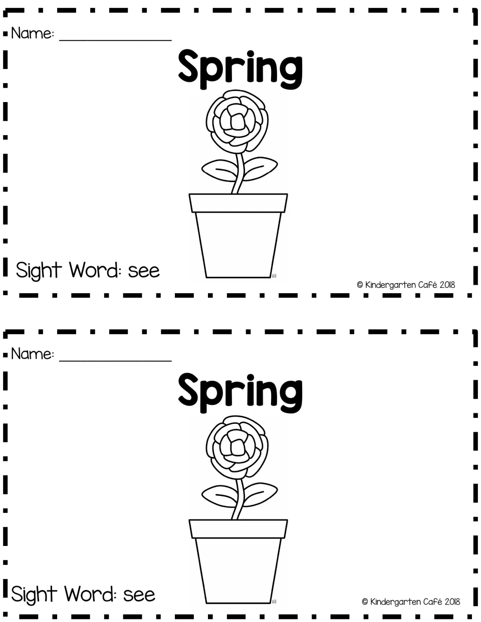 Two reader covers titled “Spring,” each with a name space, a potted flower, and the label “Sight Word: see.”