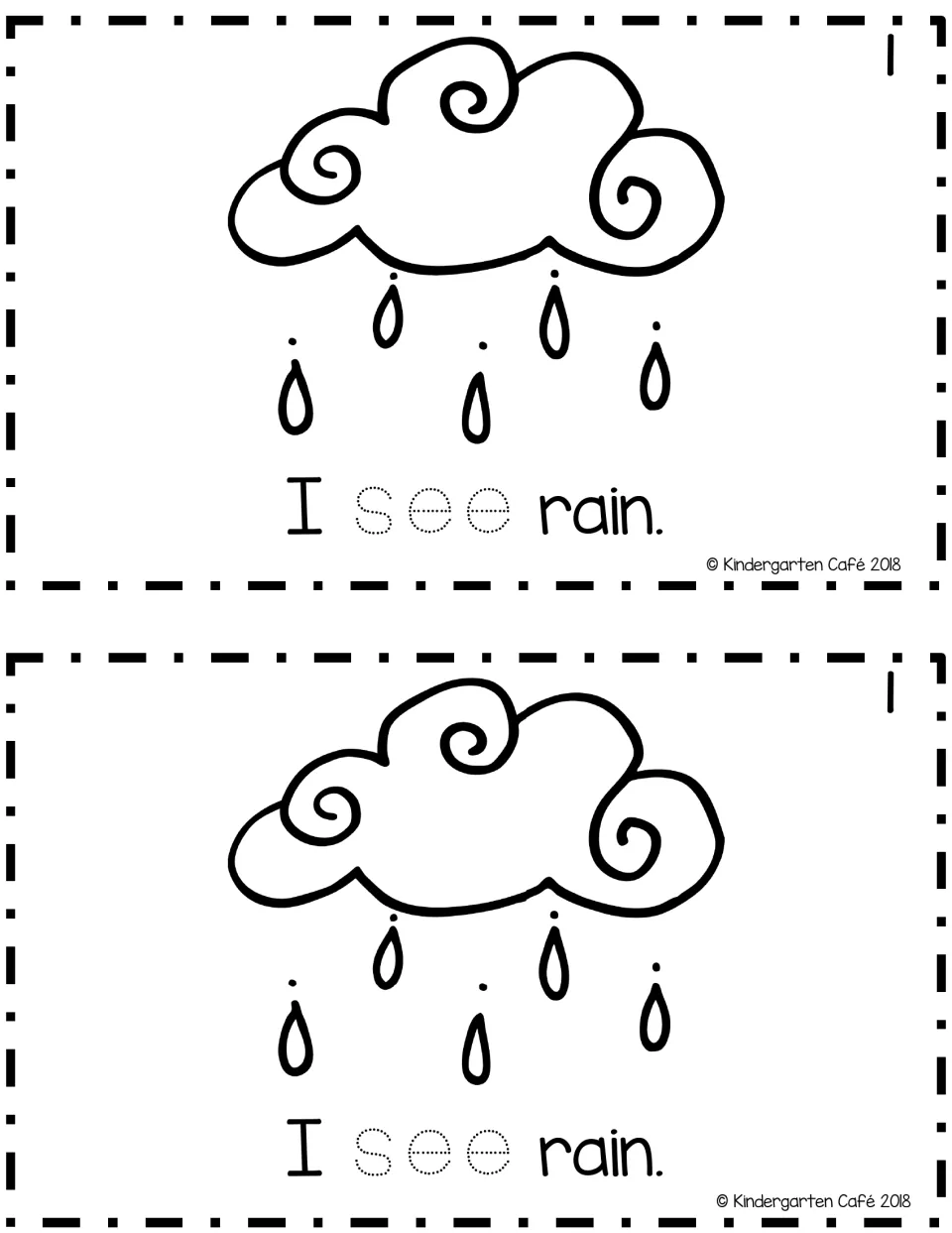 Reader page 1, printed twice: “I see rain.” with a rain cloud illustration and dotted “see” to trace.