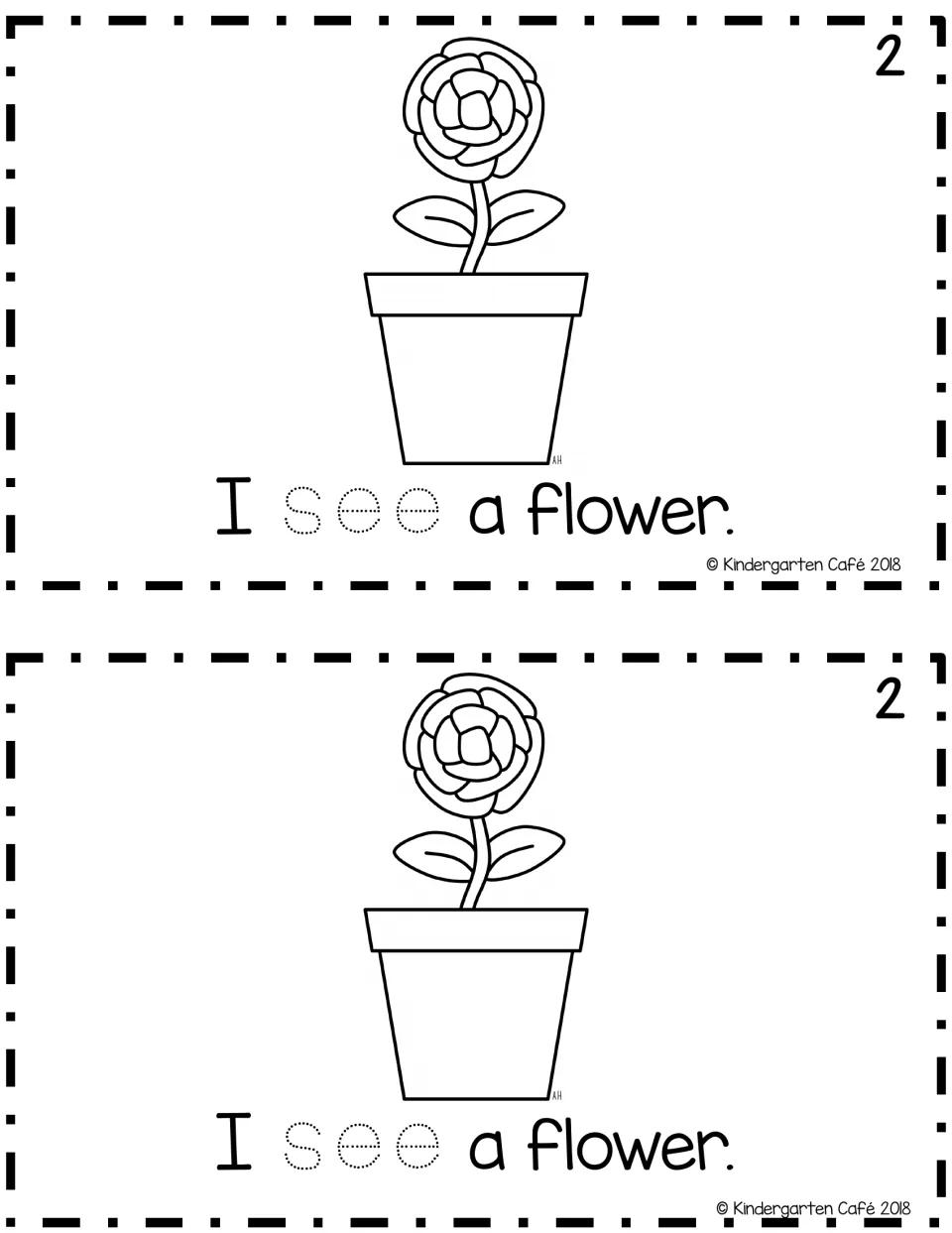 Reader page 2, printed twice: “I see a flower.” with a potted flower illustration and dotted “see” to trace.