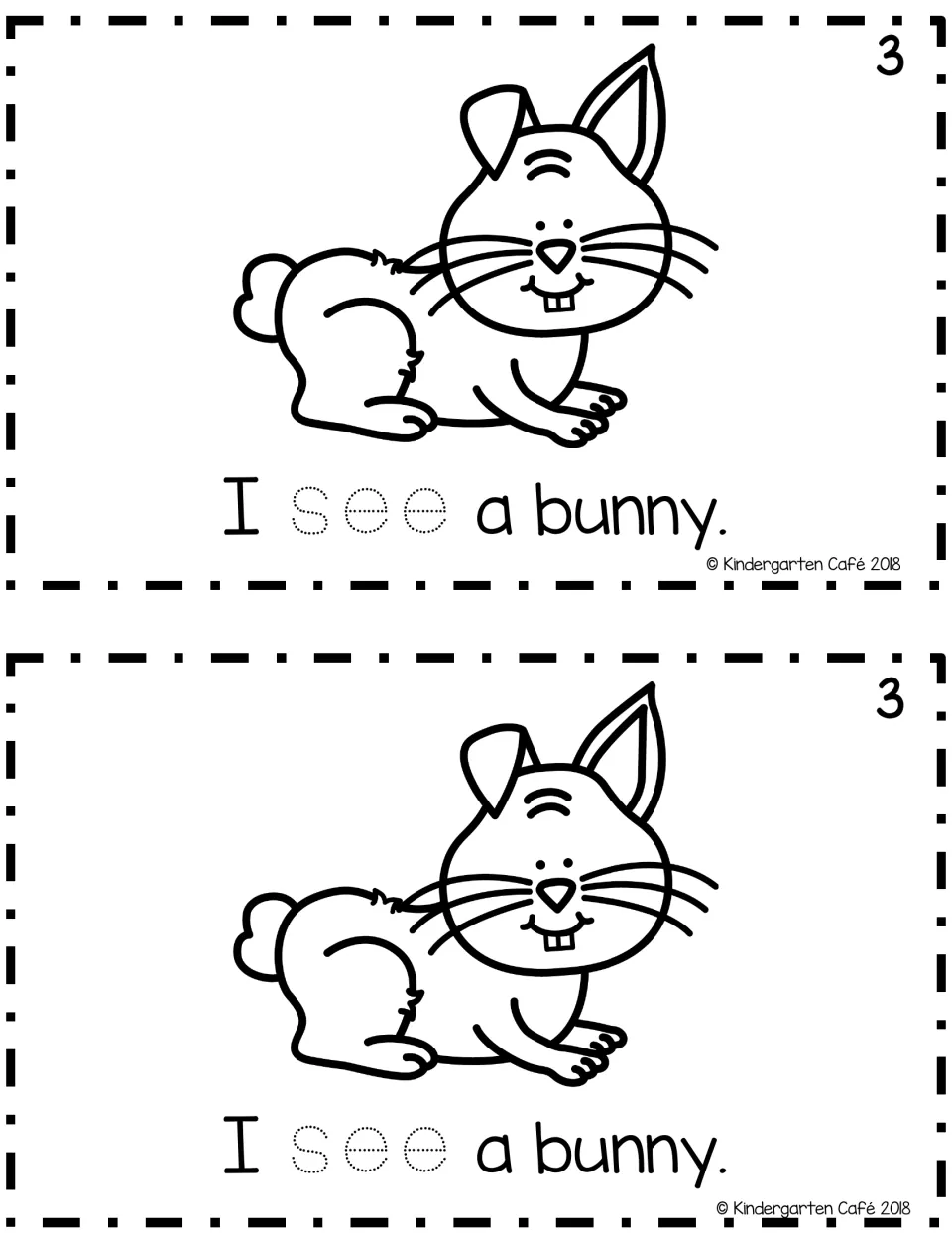 Reader page 3, printed twice: “I see a bunny.” with a bunny illustration and dotted letters in “see” to trace.