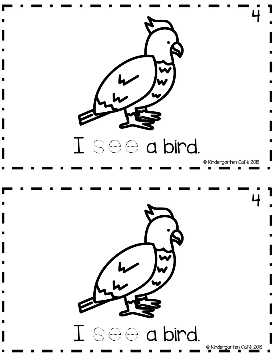 Reader page 4, printed twice: “I see a bird.” with a bird illustration and dotted letters in “see” to trace.