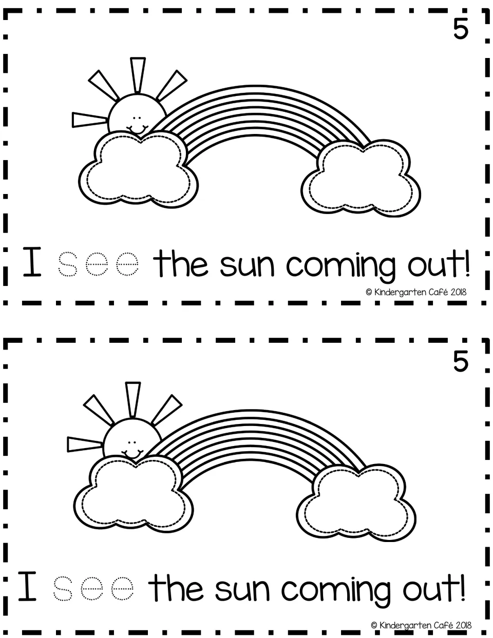 Reader page 5, printed twice: “I see the sun coming out!” with a sun, rainbow, and dotted “see” to trace.