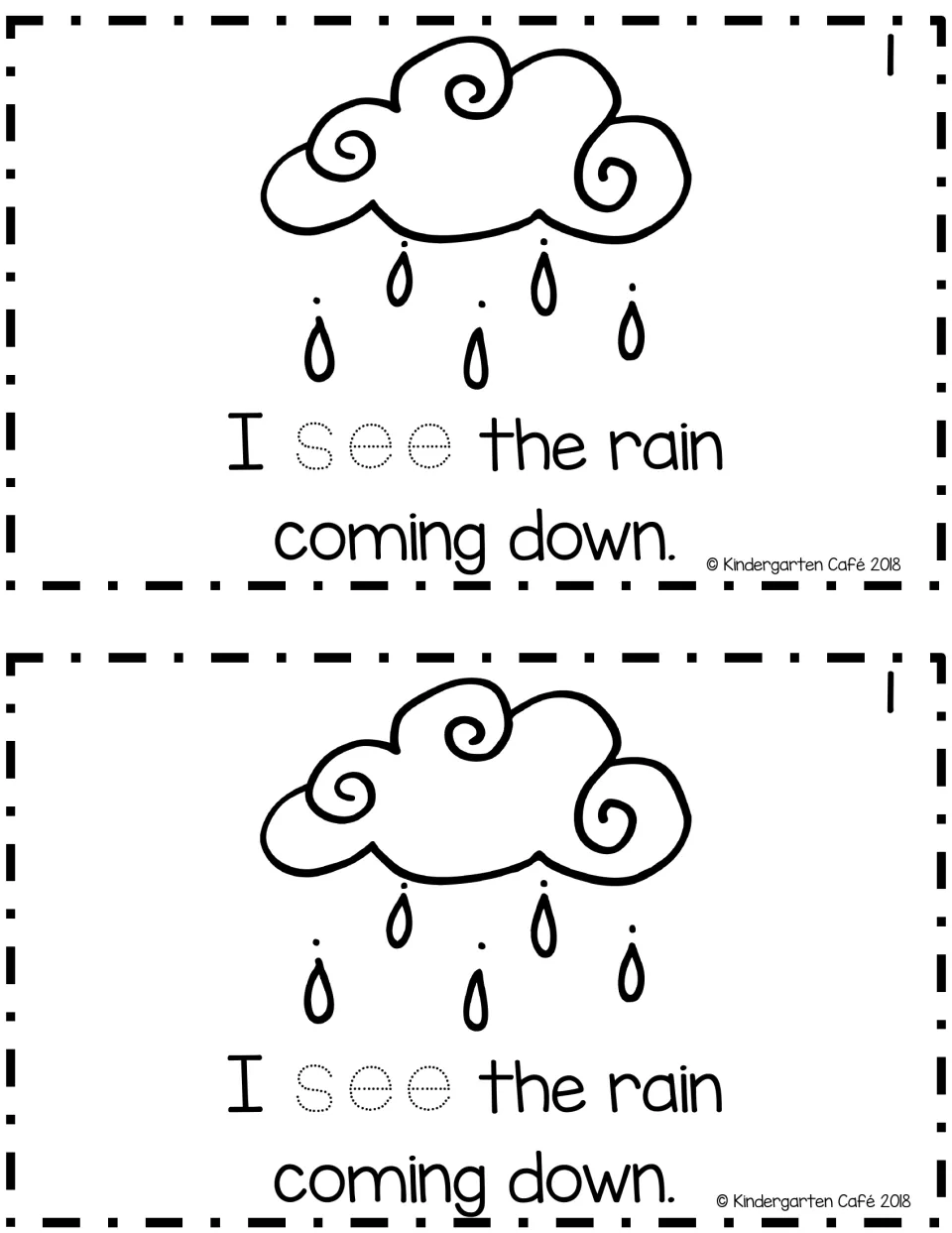 Longer reader page 1, printed twice: “I see the rain coming down.” with a rain cloud and dotted “see.”