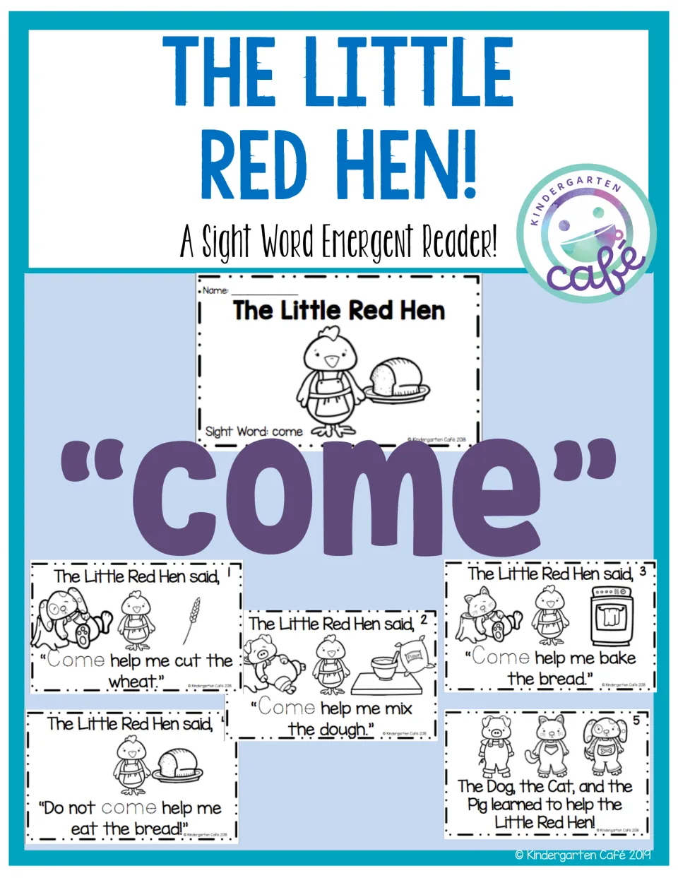 Little Red Hen sight word reader cover for "come", previewing the booklet cover and all five story pages