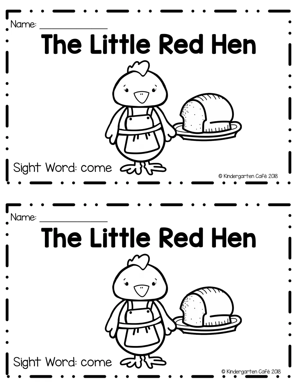 Booklet cover, printed twice: a name line, the hen holding a loaf of bread and the sight word come for students to read