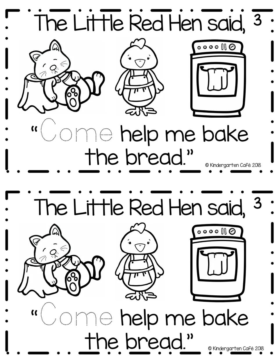 Story page 3: the hen asks the cat to help bake the bread by the oven; students trace Come and read the pattern line