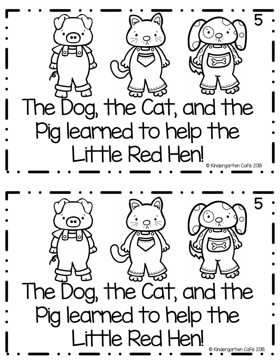 Story page 5 ending: the dog, cat and pig learned to help the hen; students read the closing line about helping
