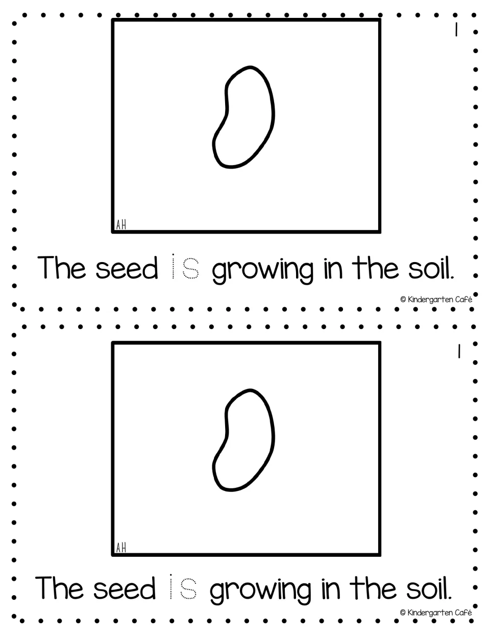 Reader page 1, printed twice: "The seed is growing in the soil," with a seed picture and traceable "is"