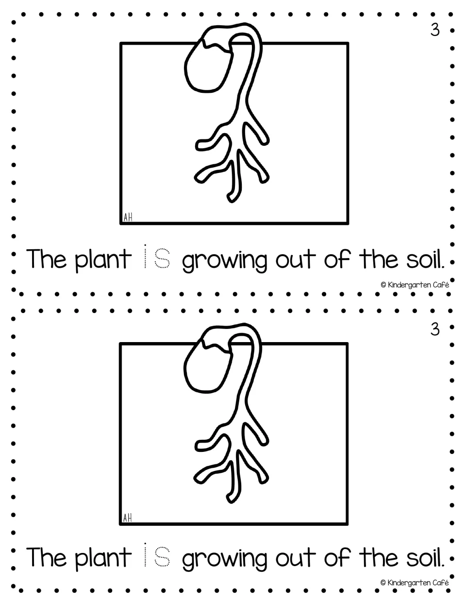 Reader page 3, printed twice: "The plant is growing out of the soil," with a sprout and traceable "is"