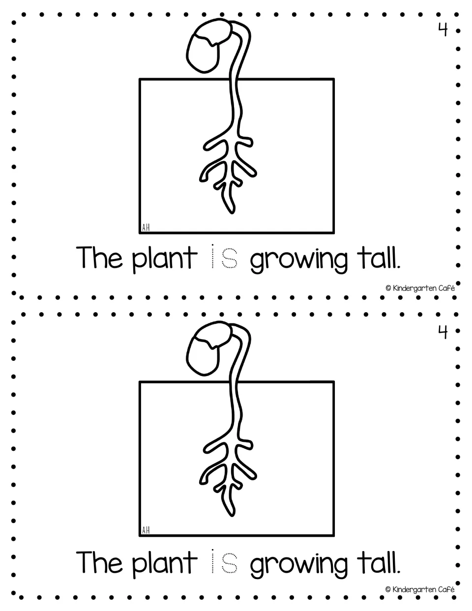 Reader page 4, printed twice: "The plant is growing tall," with a taller sprout and traceable "is"