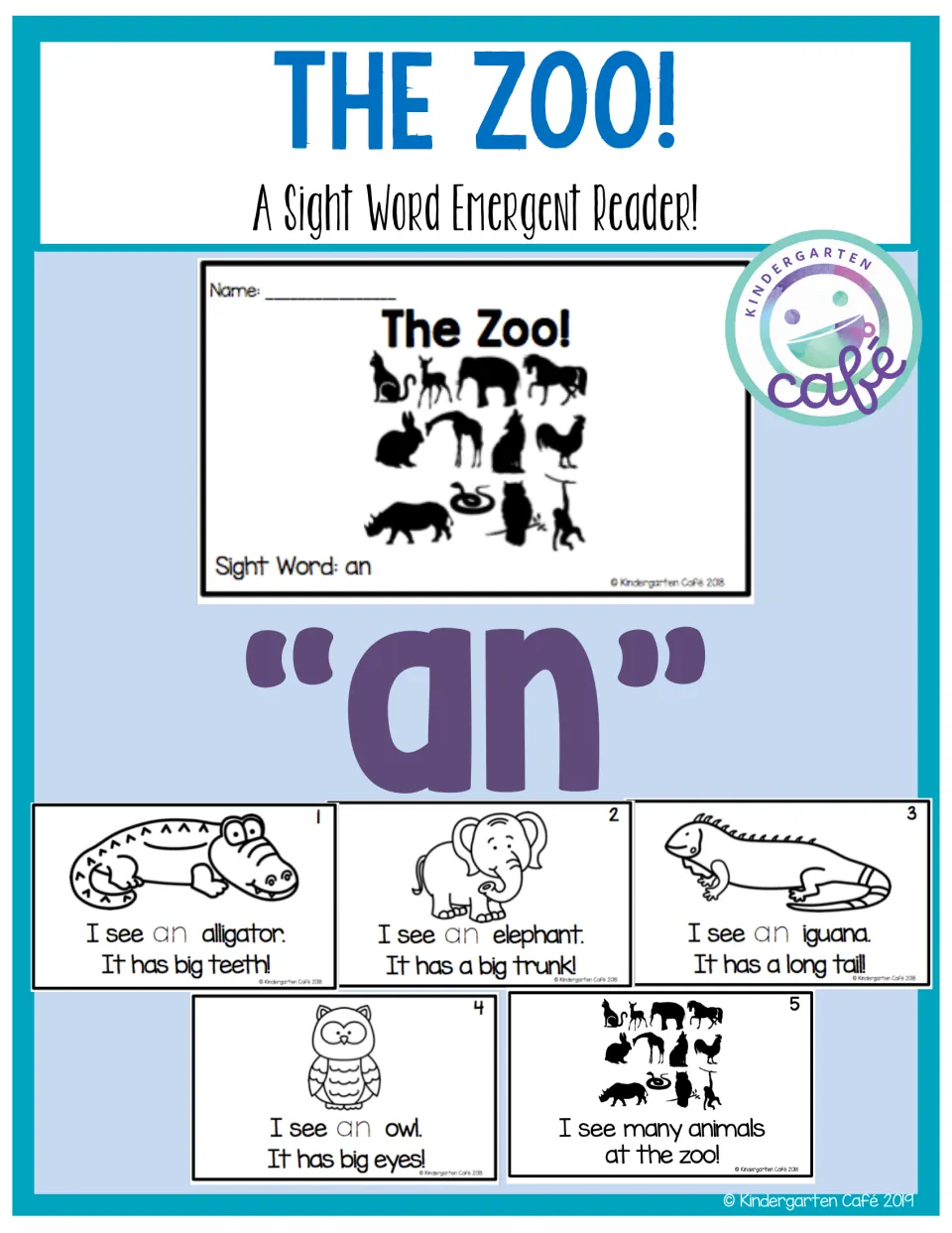 The Zoo! sight word emergent reader for "an": cover showing the booklet's title page and its five animal story pages