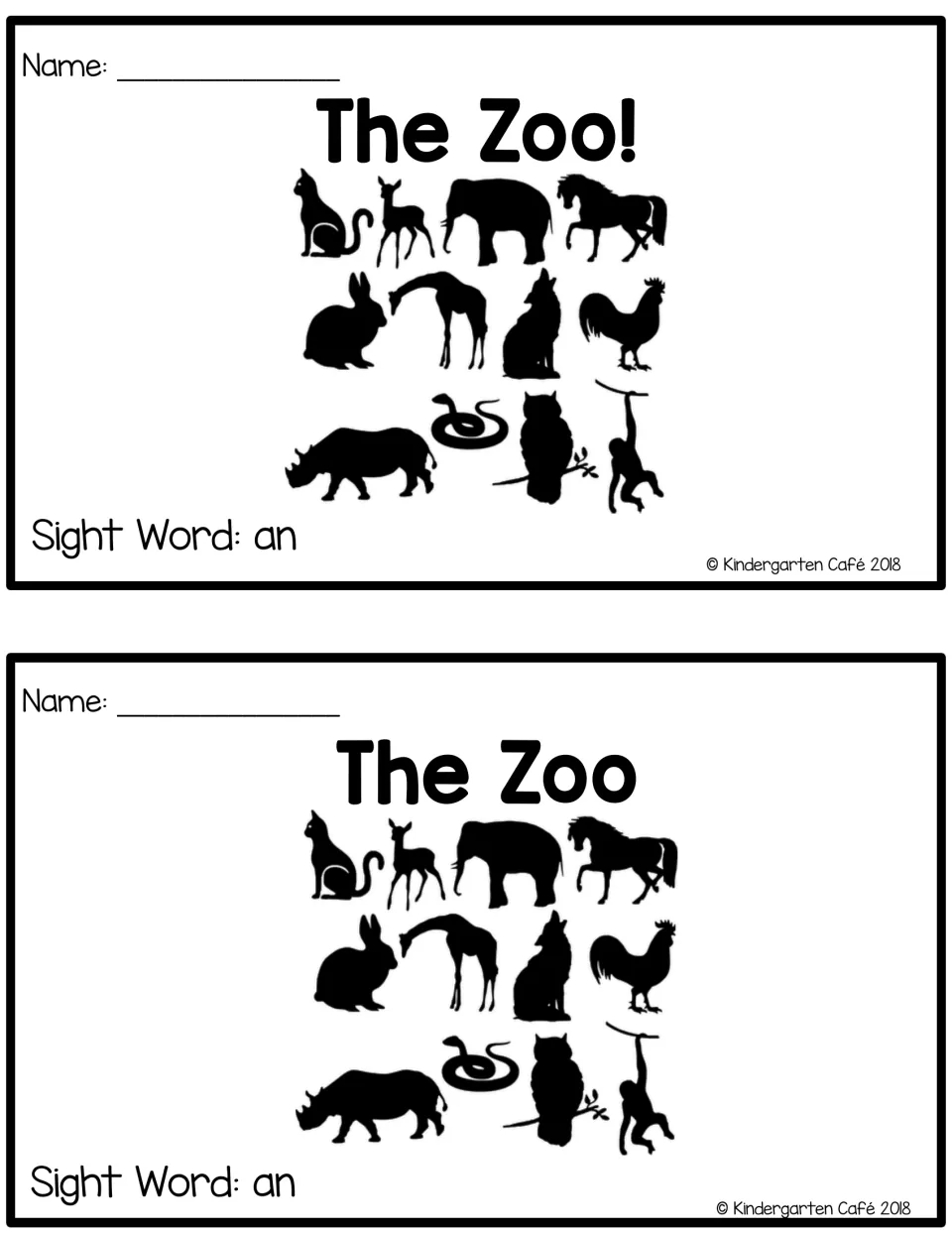 Booklet title page, two per sheet: The Zoo! over animal silhouettes, a name line for students and the label Sight Word: an