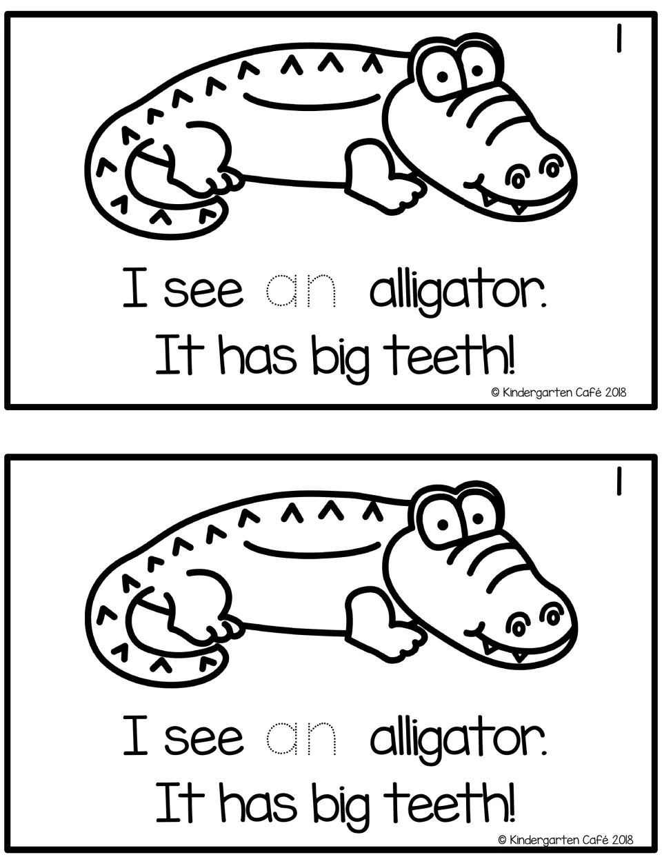 Page 1 of the zoo reader: students trace "an" in I see an alligator. It has big teeth! under an alligator line drawing