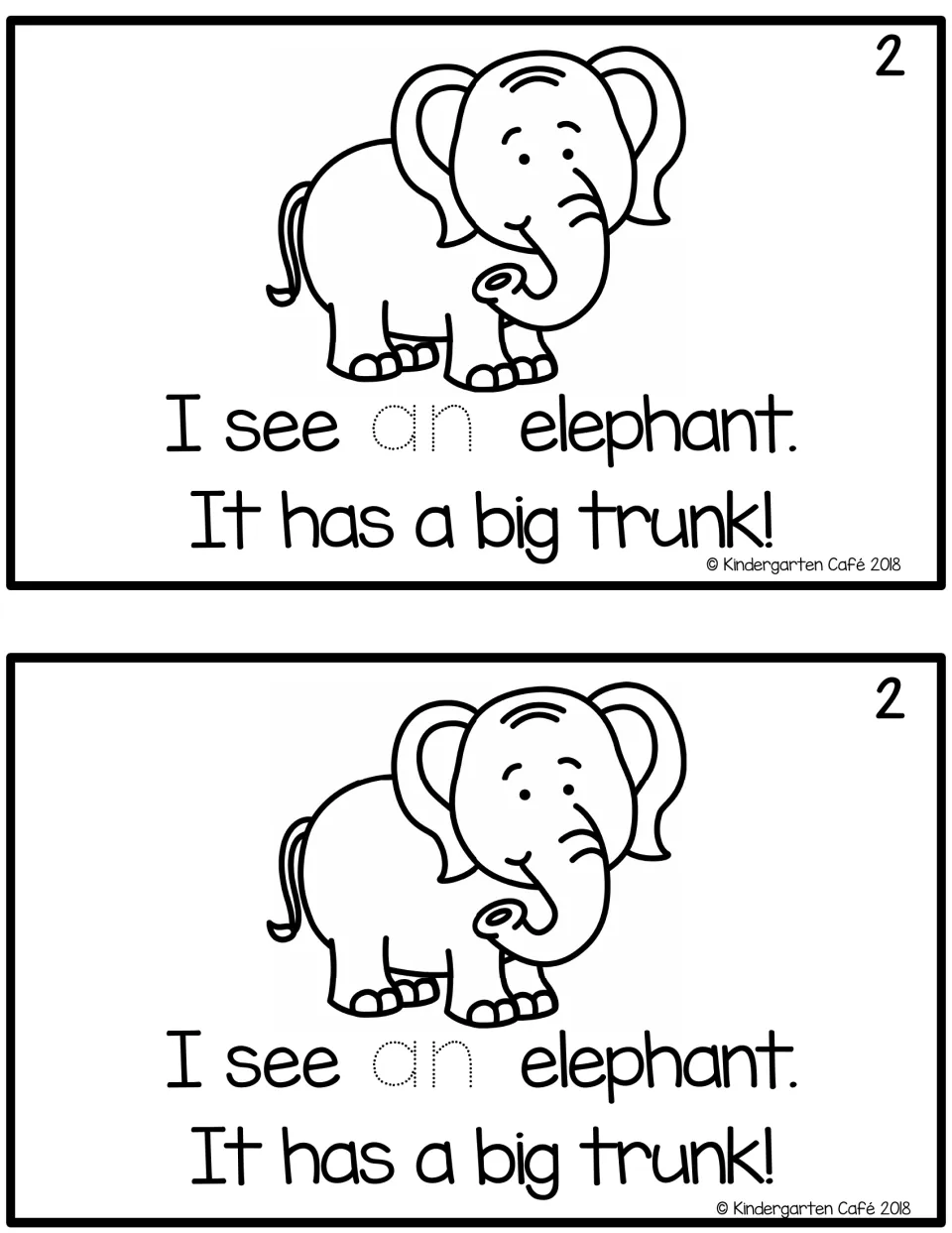 Page 2 of the zoo reader: students trace "an" in I see an elephant. It has a big trunk! under an elephant drawing