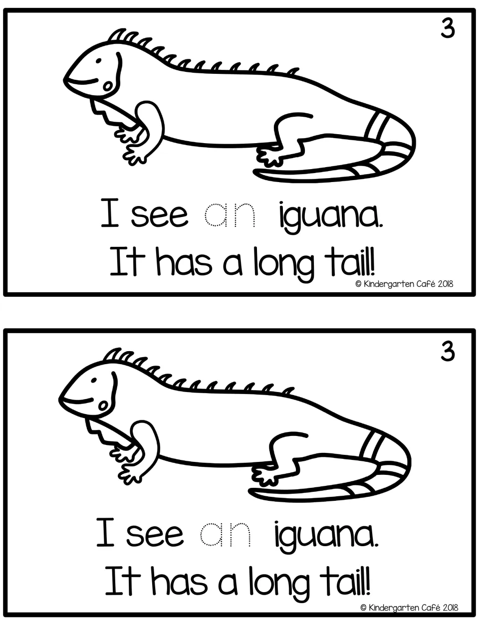 Page 3 of the zoo reader: students trace "an" in I see an iguana. It has a long tail! under an iguana drawing