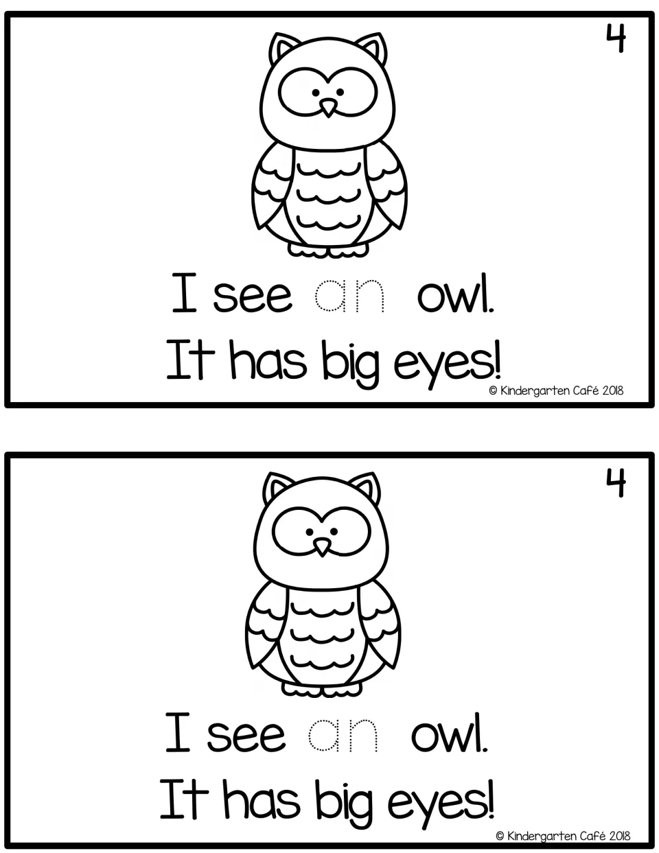Page 4 of the zoo reader: students trace "an" in I see an owl. It has big eyes! under a drawing of a wide-eyed owl