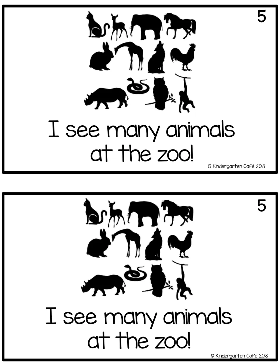 Page 5 of the zoo reader: students read the closing line I see many animals at the zoo! under a dozen animal silhouettes