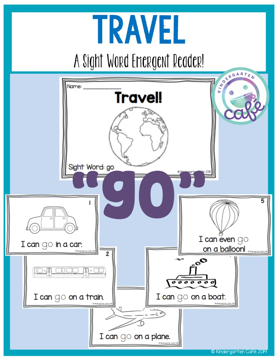 Reader preview highlighting the sight word "go" and sample pages about cars, trains, planes, boats and balloons