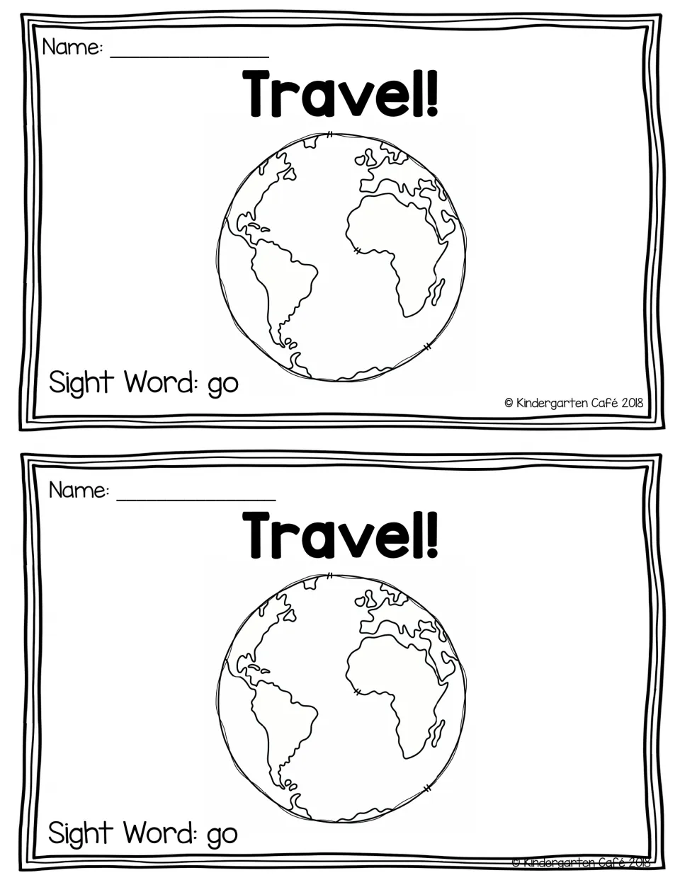 Booklet cover printed twice, featuring the heading "Travel!", a globe, a name space and "Sight Word: go"
