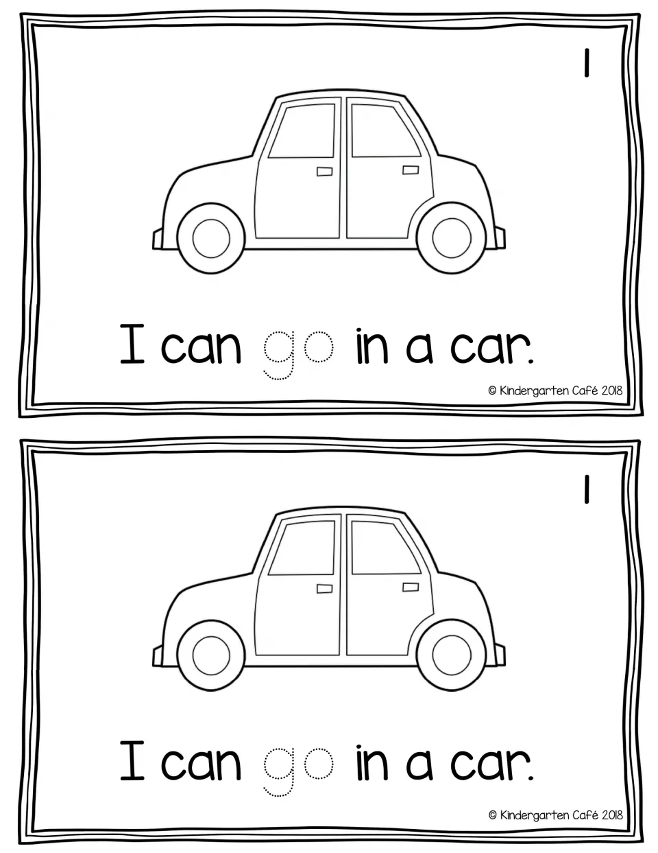 Reader page 1 printed twice: "I can go in a car." with a car illustration and dotted "go" for tracing