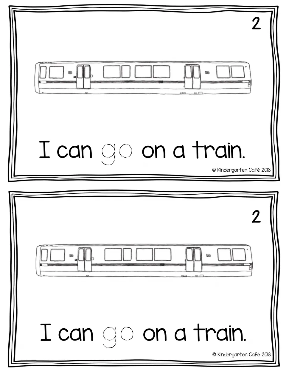 Reader page 2 printed twice: "I can go on a train." with a train illustration and dotted "go" for tracing