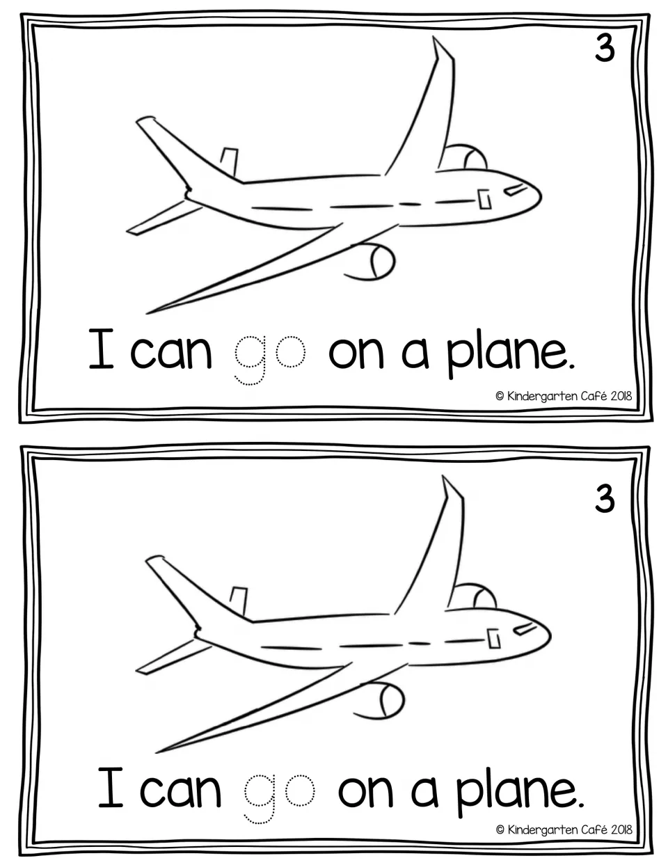 Reader page 3 printed twice: "I can go on a plane." with a plane illustration and dotted "go" for tracing