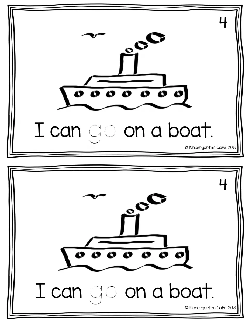 Reader page 4 printed twice: "I can go on a boat." with a boat illustration and dotted "go" for tracing