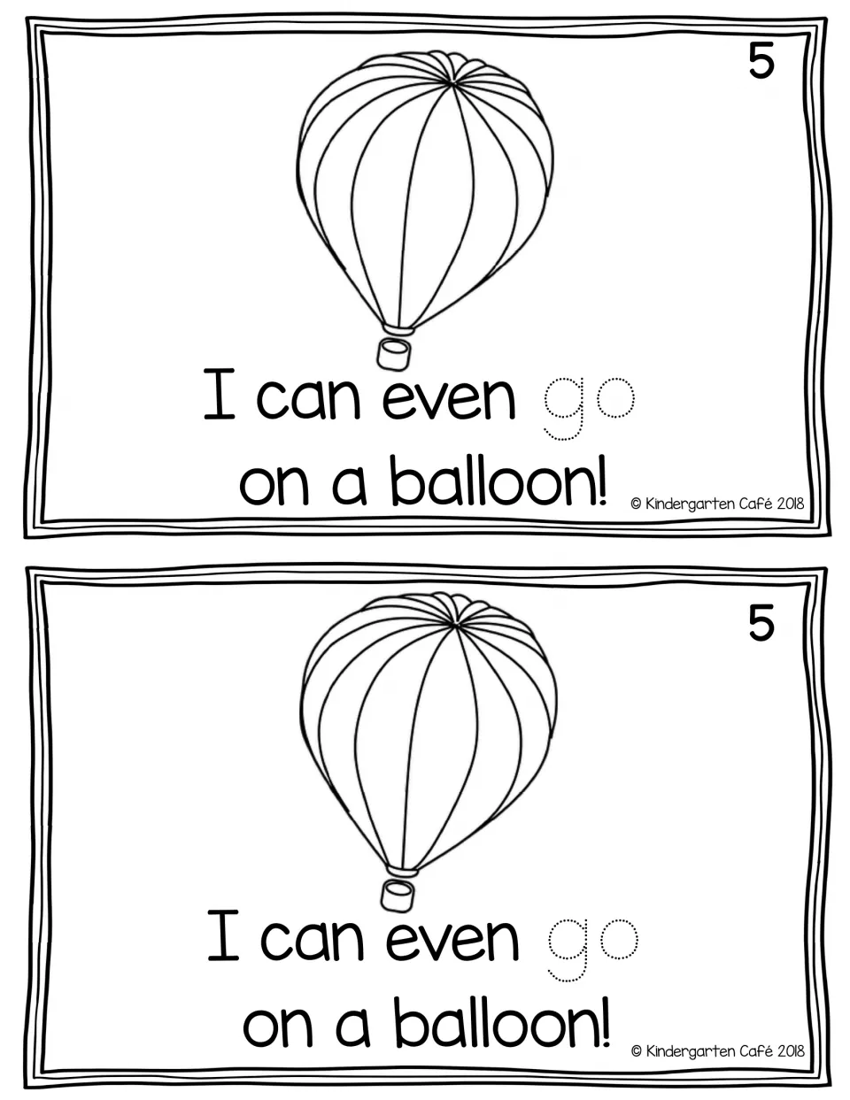 Reader page 5 printed twice: "I can even go on a balloon!" with a hot air balloon and dotted "go" to trace