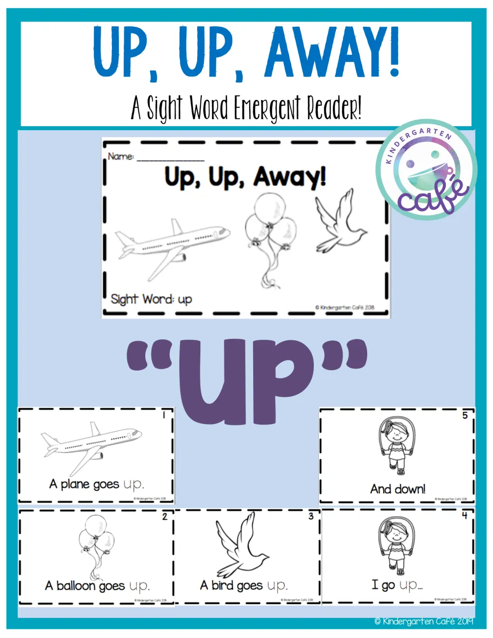 Up, Up, Away! sight word emergent reader cover for "up" showing the booklet's title page and its five story pages