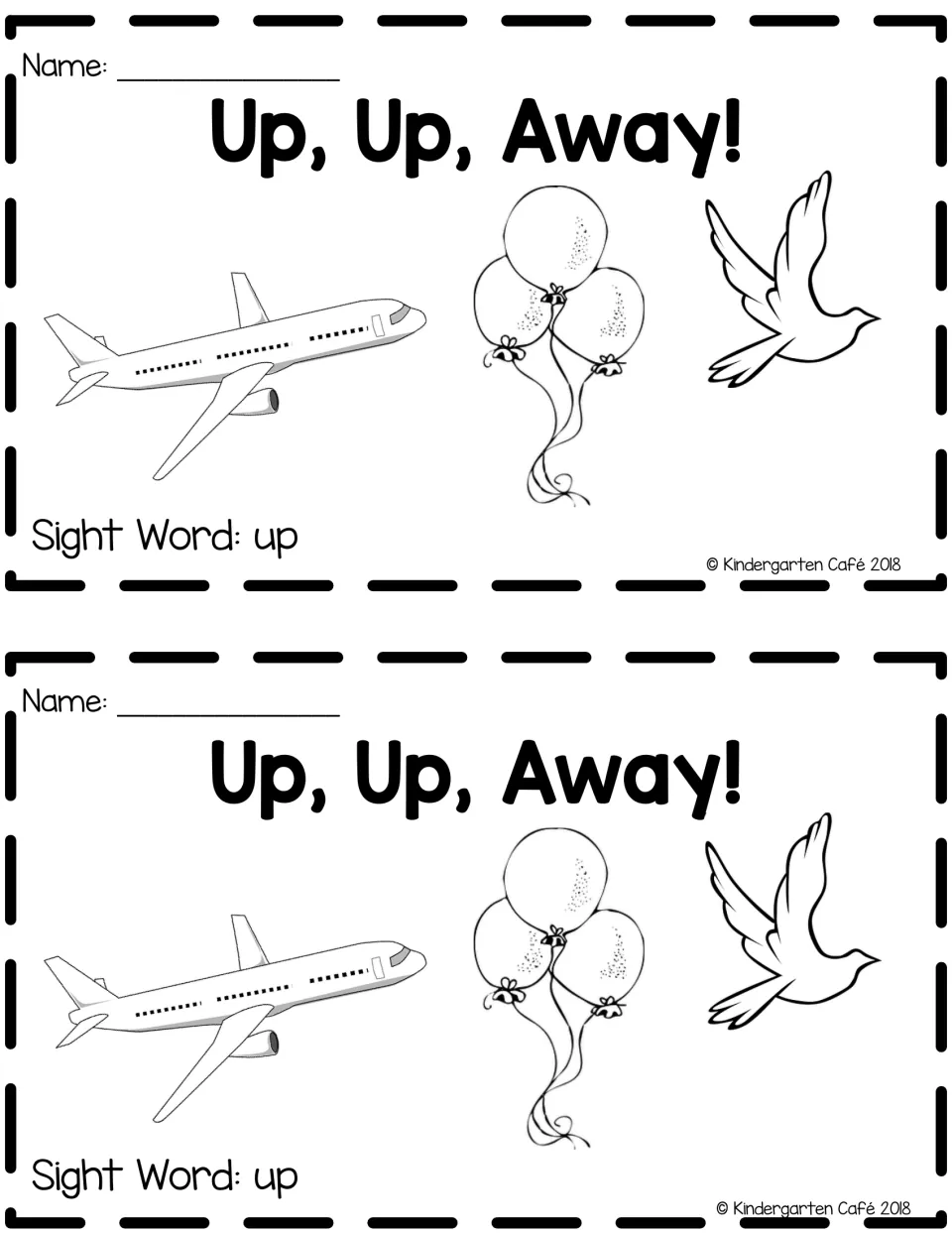 Booklet title page, two copies: students write their name above a plane, balloons and a bird, labeled Sight Word: up