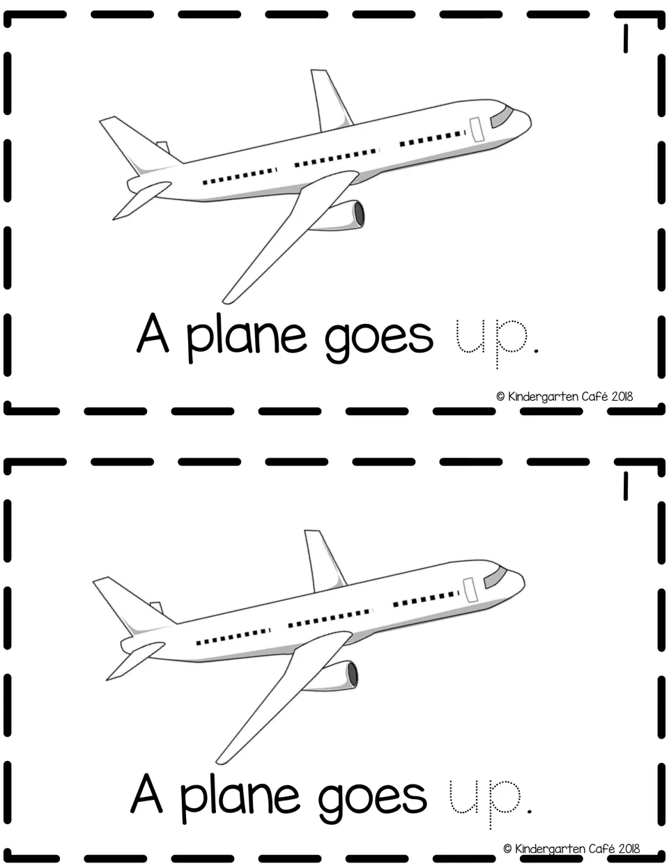 Reader page 1, two copies: "A plane goes up." beside an airplane, with the sight word up in dotted letters to trace