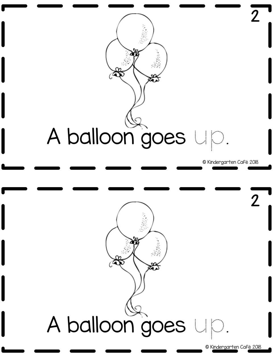 Reader page 2, two copies: "A balloon goes up." under three balloons, with dotted letters for tracing the word up