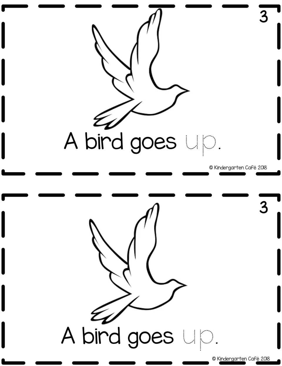 Reader page 3, two copies: "A bird goes up." under a flying bird drawing; students trace the dotted sight word up