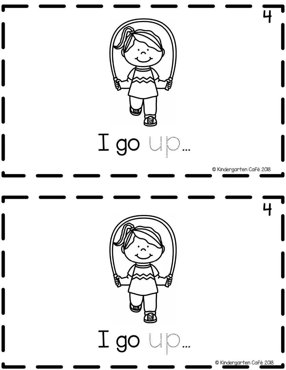 Reader page 4, two copies: "I go up..." with a girl jumping rope; children trace the dotted word up