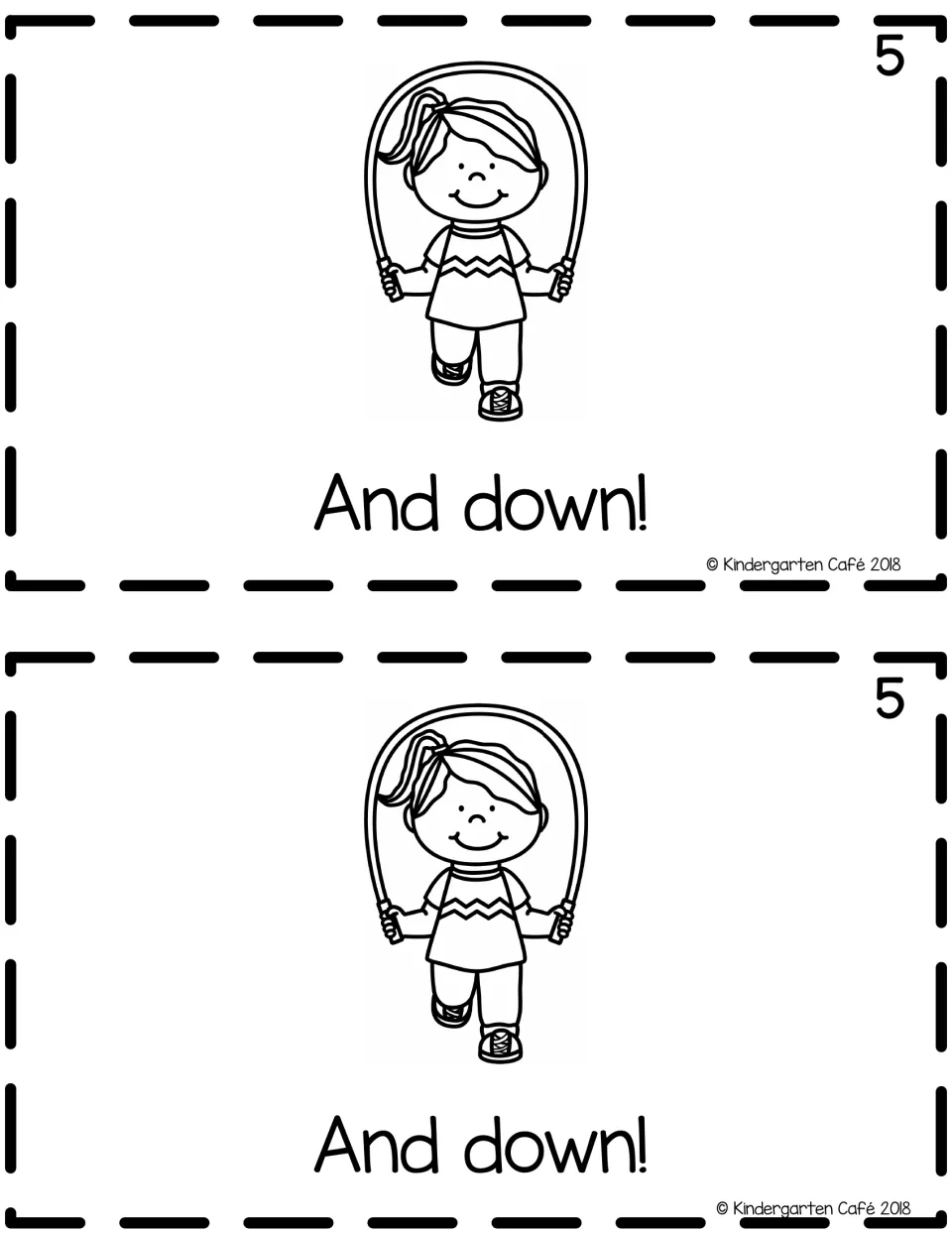 Reader page 5, two copies: the story ends with "And down!" under a girl jumping rope, the opposite of up