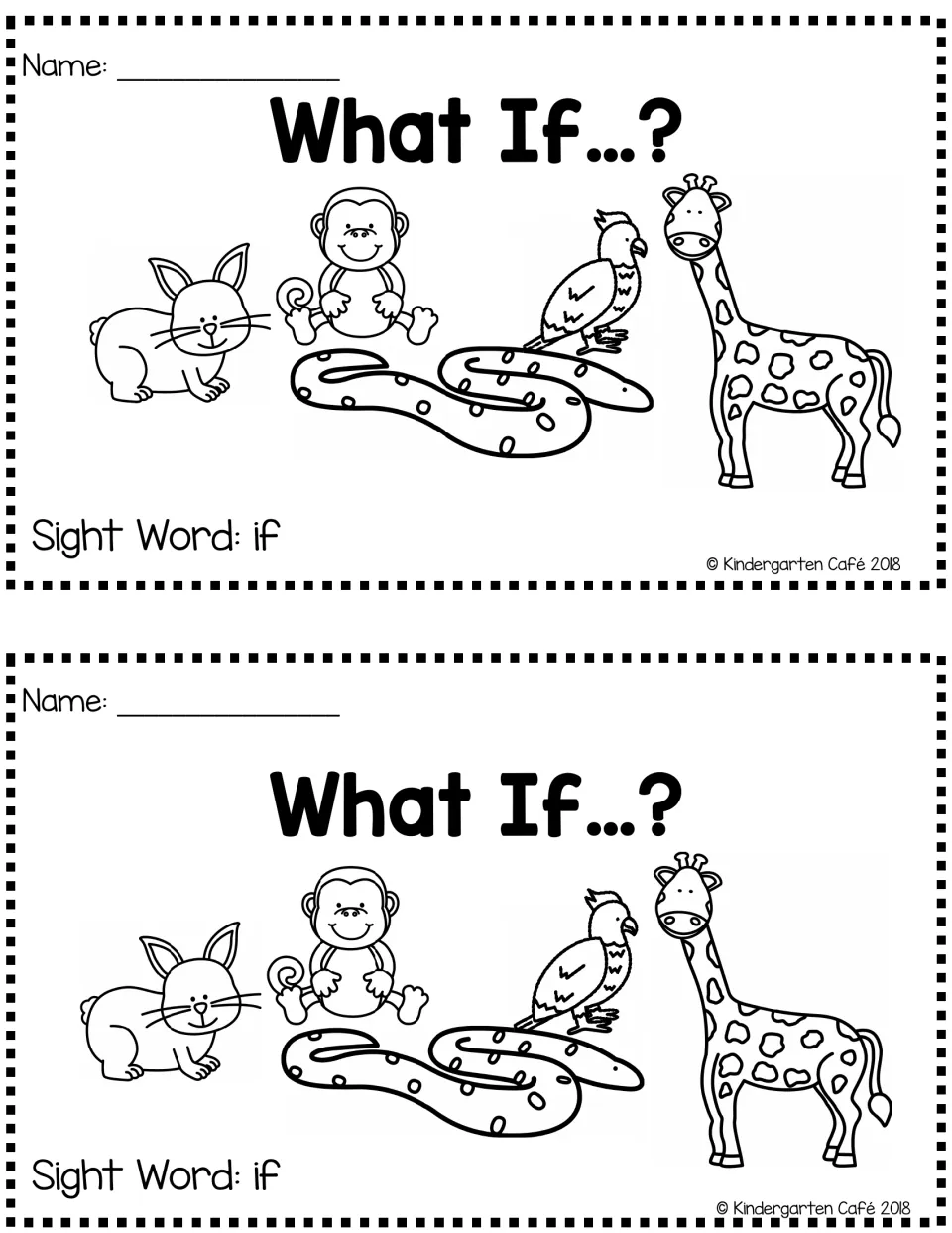 Two copies of the booklet cover, titled “What If...?”, with five animals and the label “Sight Word: if”